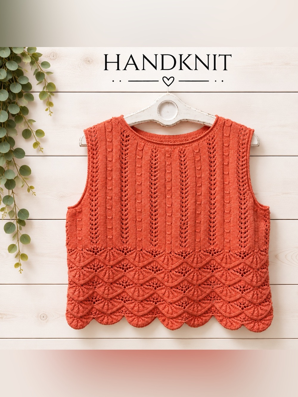 Handknit Coral Openwork Sleeveless Knit Top – Estimated XL/XXL
